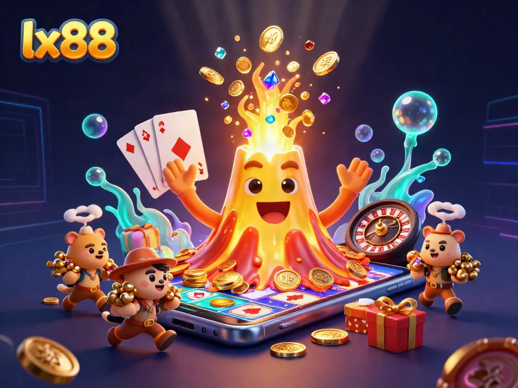 Spin reels and win treasures with the lx88 volcanic eruption illustration in a vibrant casino scene.