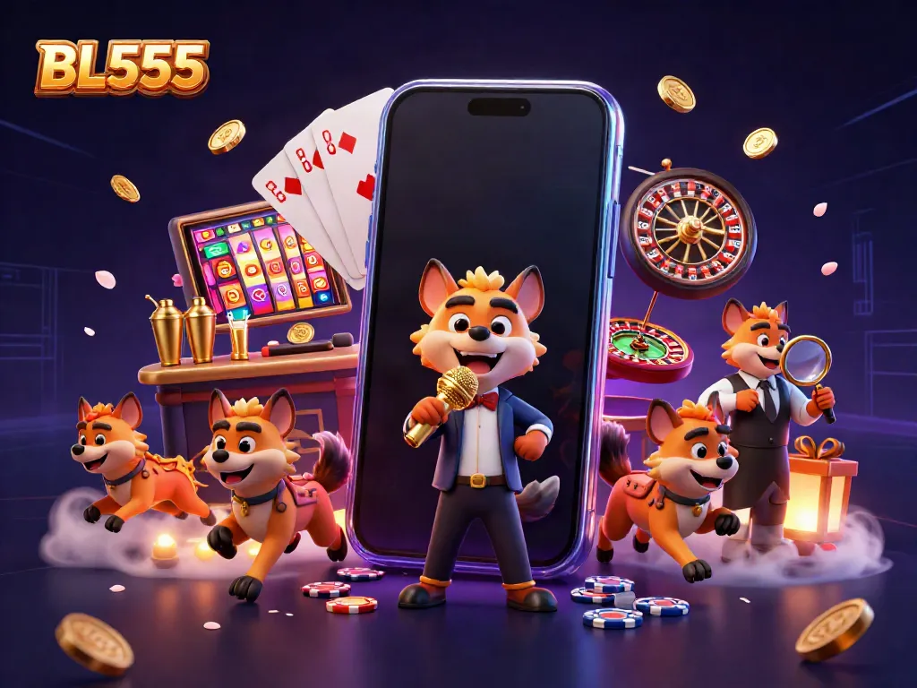 Join the fun at BL555 with hyenas in a vibrant casino scene featuring games and laughter.