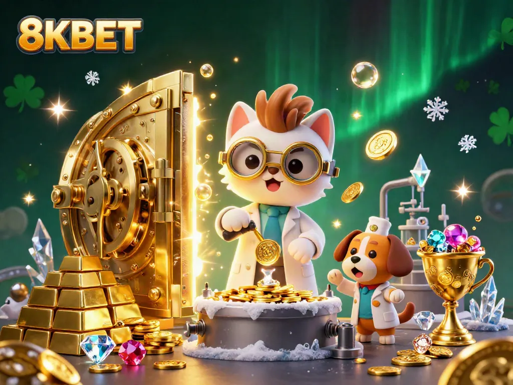 Trải nghiệm game 8KBET với những kho báu vàng lấp lánh và các nhân vật hoạt hình biểu trưng.