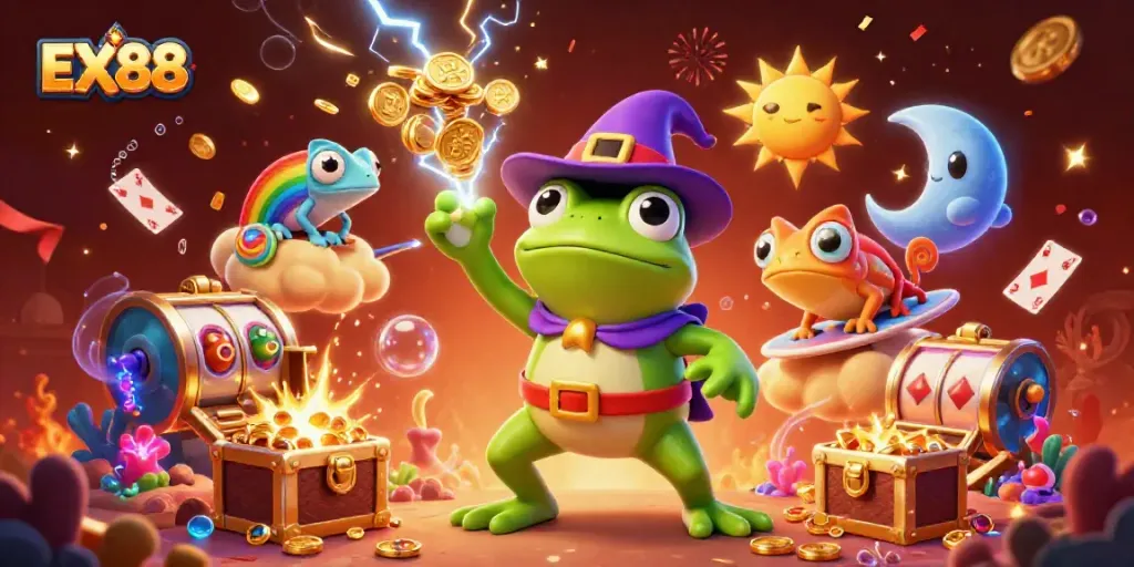 Experience a thrilling storm of coins with EX88, featuring a wizard frog and vibrant characters in a dynamic casino scene.