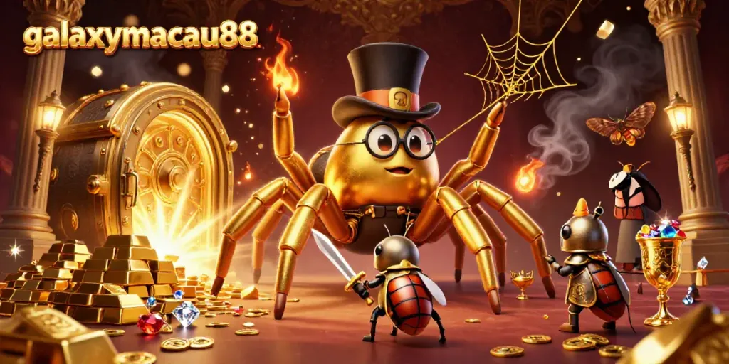Experience the vibrant gambling joy with galaxymacau88 amidst riches and adventure in this 3D scene.