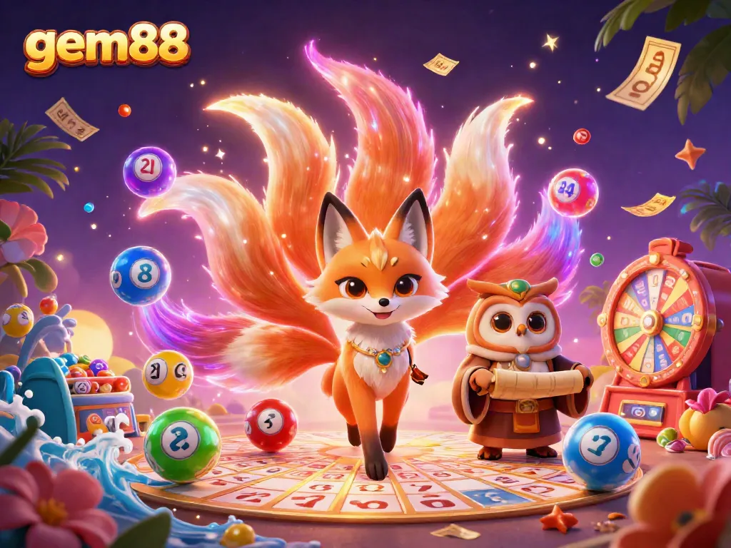 Experience the thrills of gem88 with enchanting characters and vibrant casino elements in a stunning 3D illustration.
