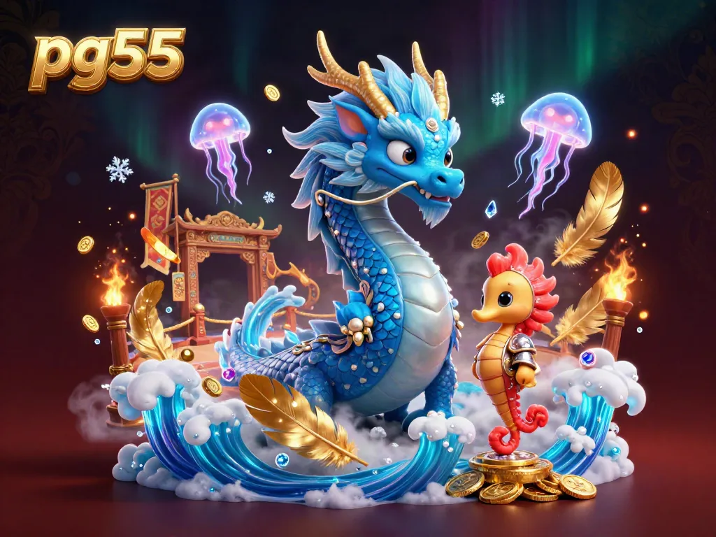 Engage in thrilling adventures with pg55 through a vibrant 3D dragon and seahorse knight in this dynamic casino scene.