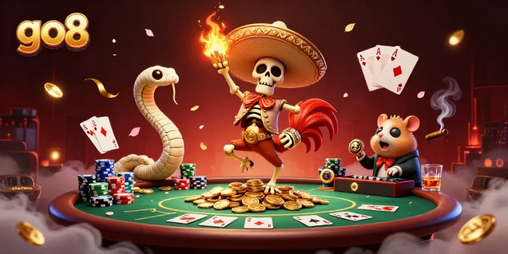 Experience go8's thrilling victory scene with animated skeleton, mummy, and DJ in vibrant casino chaos.