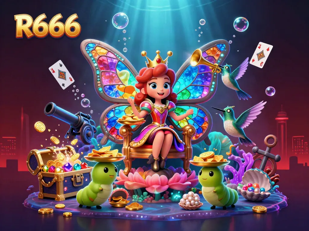 Experience the magic of R666 with a vibrant butterfly queen and dynamic casino elements.