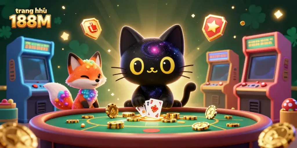 Experience the thrill of gaming at trang chủ 188M with a cosmic 3D casino illustration featuring a black hole cat and nebula fox.