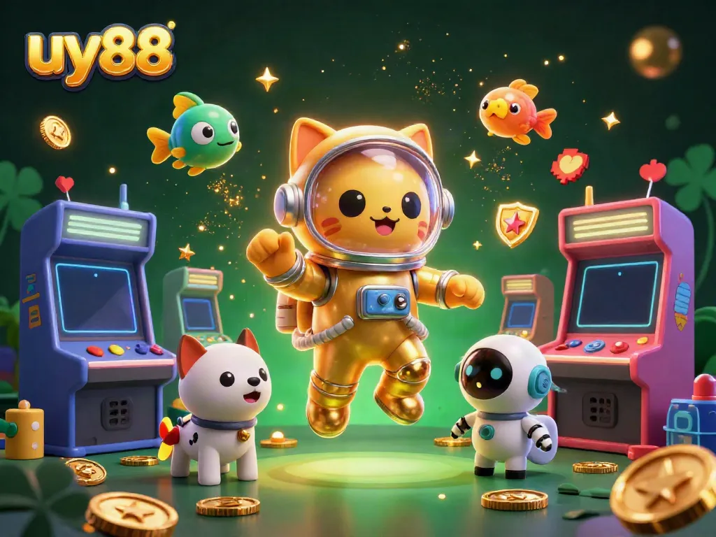 Experience thrilling gaming action at uy88 with a vibrant, colorful cosmic casino scene featuring unique characters and elements.