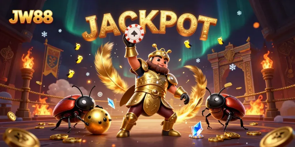 JW88 showcases a victorious hercules beetle triumphing in a colorful online casino setting.