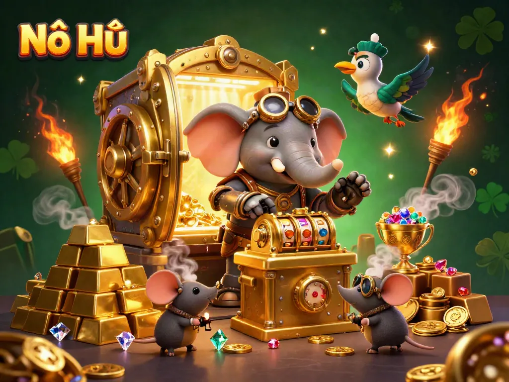 Experience Nổ Hũ in a vibrant 3D scene with steampunk characters and shimmering gold treasures.