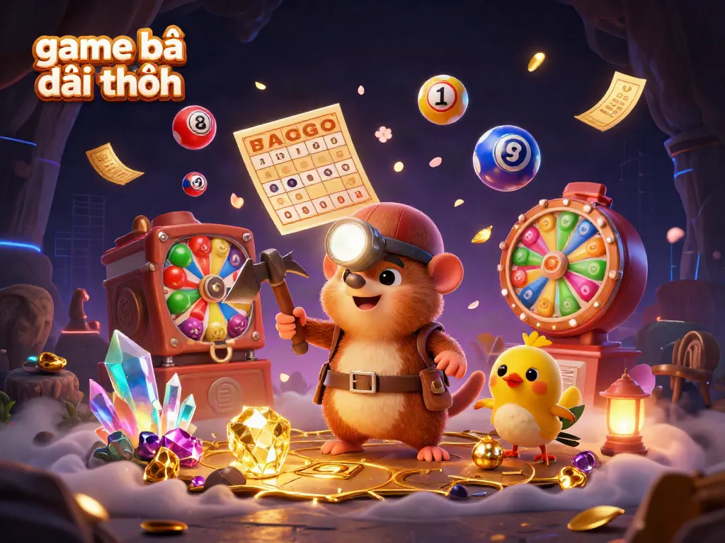 Engage in thrilling game bài đổi thưởng with a cartoon mole treasure hunter in a rich, vibrant casino cave.