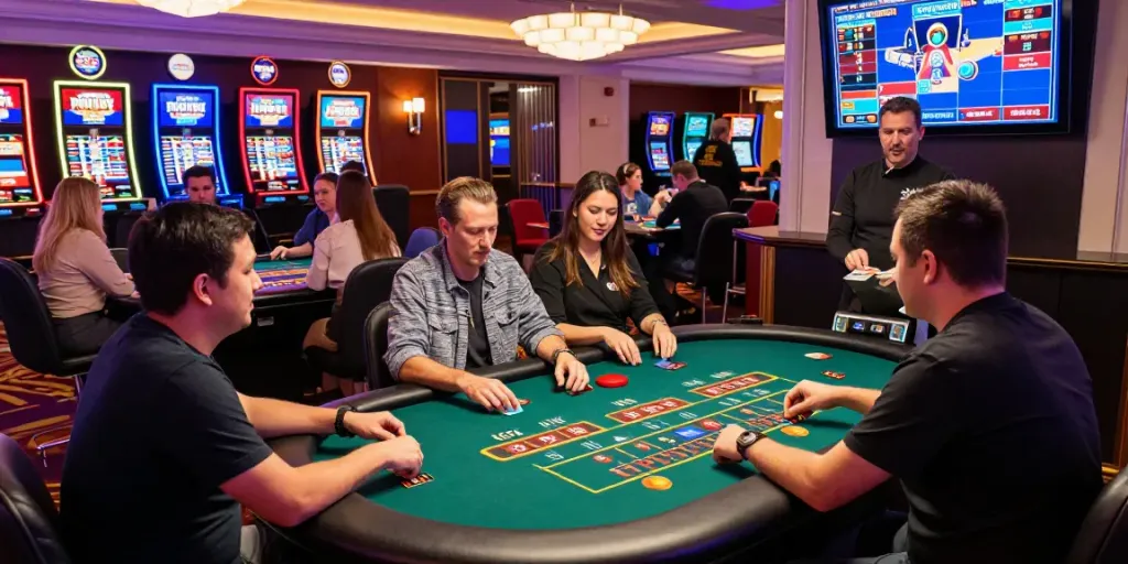 Players engaging in games at Mastercard casinos, showcasing lively atmosphere and credit card transactions.