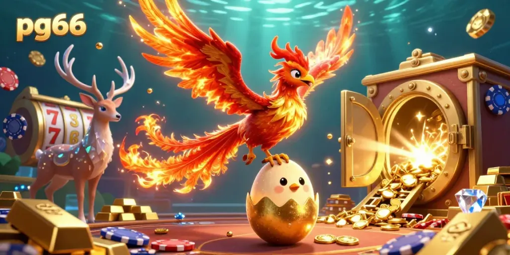 Experience the thrill of pg66 with a vibrant casino scene featuring phoenixes and treasure.