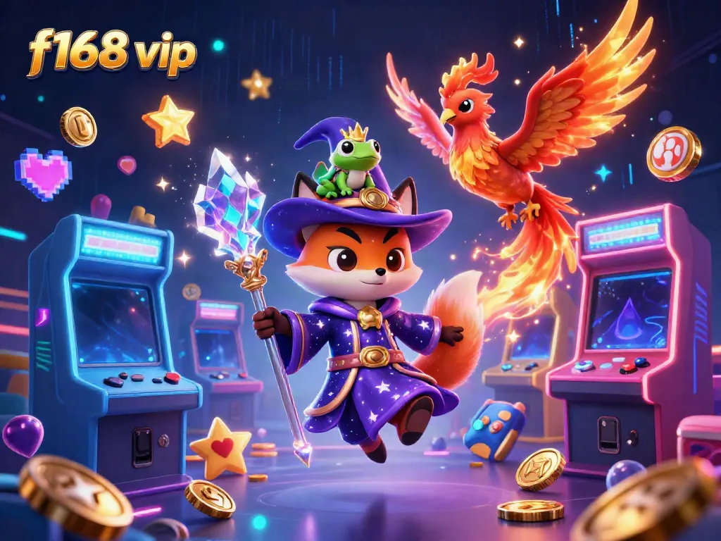 Engage with the vibrant universe of f168 vip, showcasing a magical fox wizard among impressive game machines.