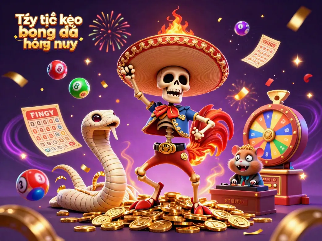 Tỷ lệ kèo bóng đá hôm nay illustrated by a vibrant 3D scene of a mariachi rooster and golden coins during a victory celebration with colorful lottery elements.