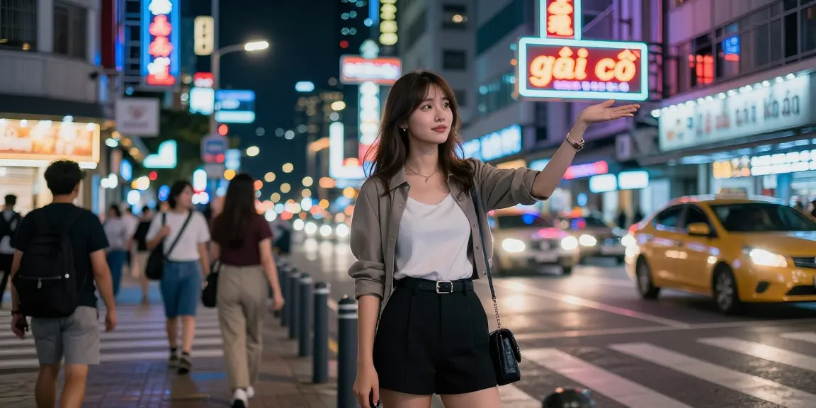 Hình ảnh năng động với gái gọi trong trang phục thời trang tại phố đêm đông vui.