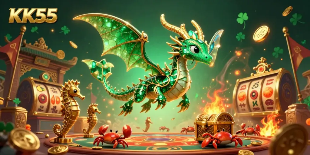Engage in thrilling gameplay at KK55 with vibrant casino elements and mythical creatures.