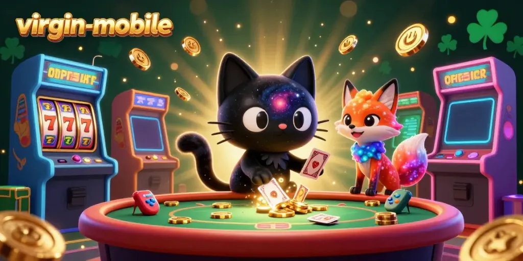 Experience thrilling gameplay with virgin-mobile in a vibrant cosmic casino scene featuring a black hole cat and arcade machines.