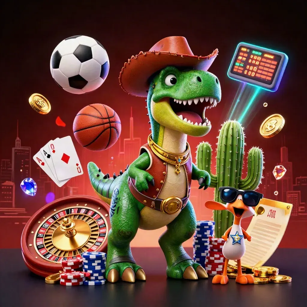 Cowboy T-Rex, cactus and roadrunner amid casino props, coins, chips, and frozen sports balls.
