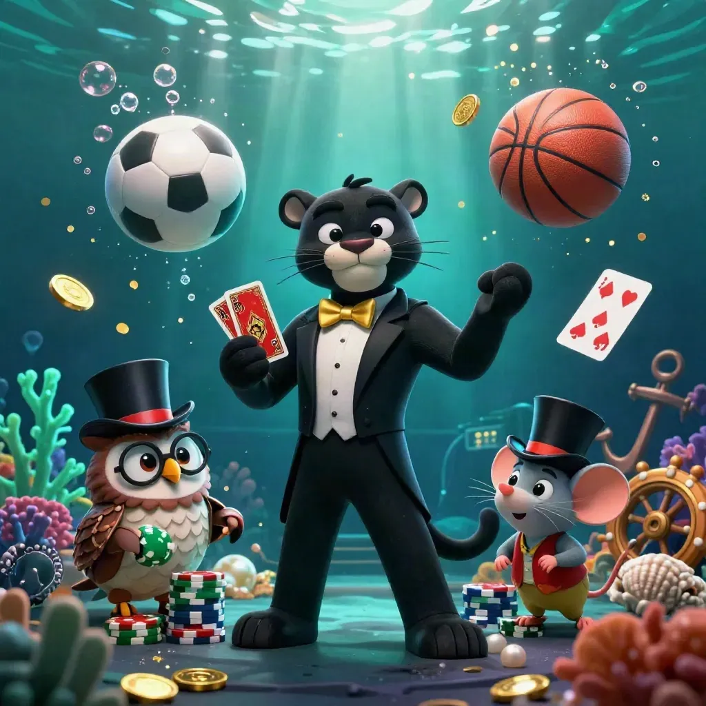 Panther, owl and mouse in underwater casino cove with flying balls, chips and gold coins.