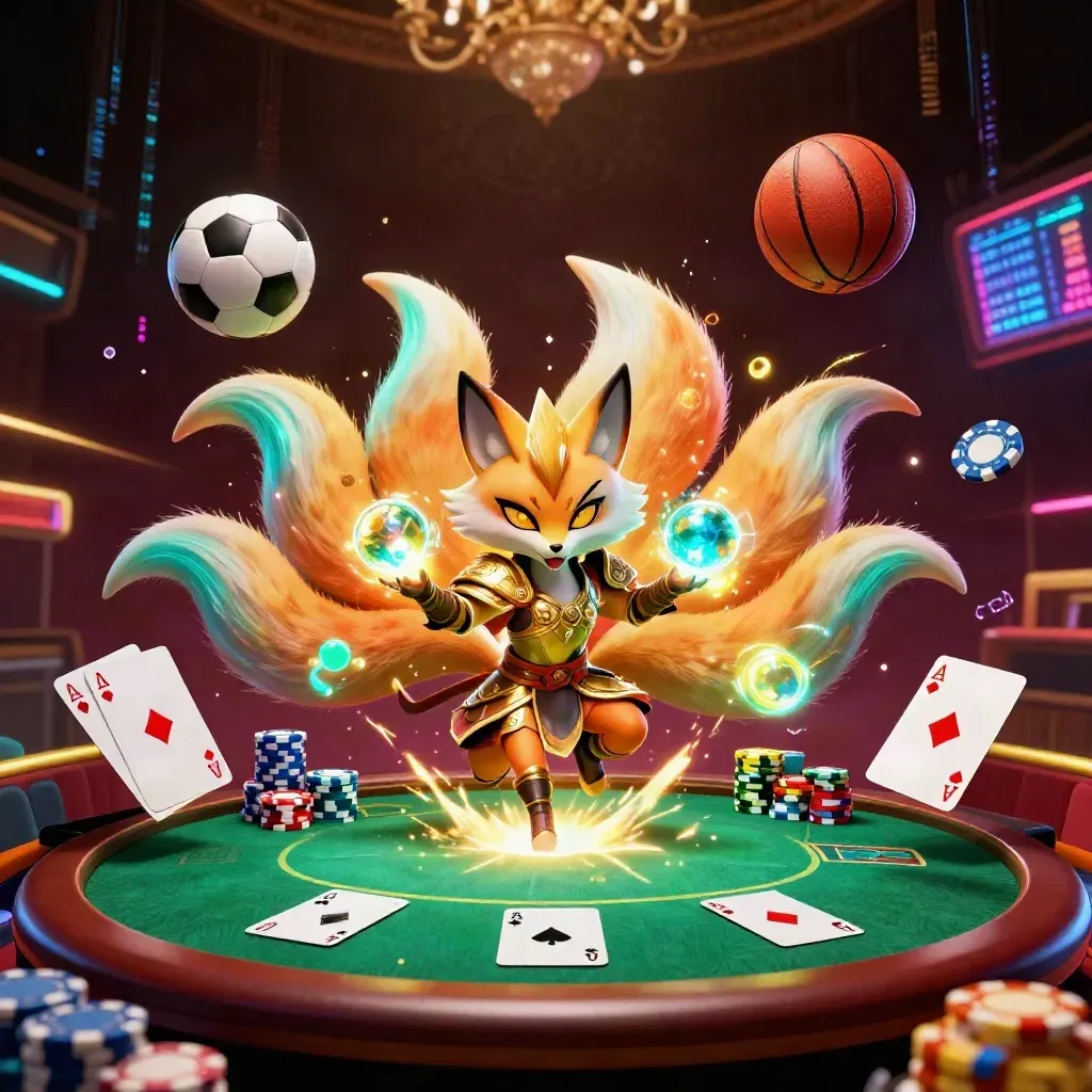 Neon fox spirit, armored mouse, flying balls and casino chips in a luxe dark fantasy scene