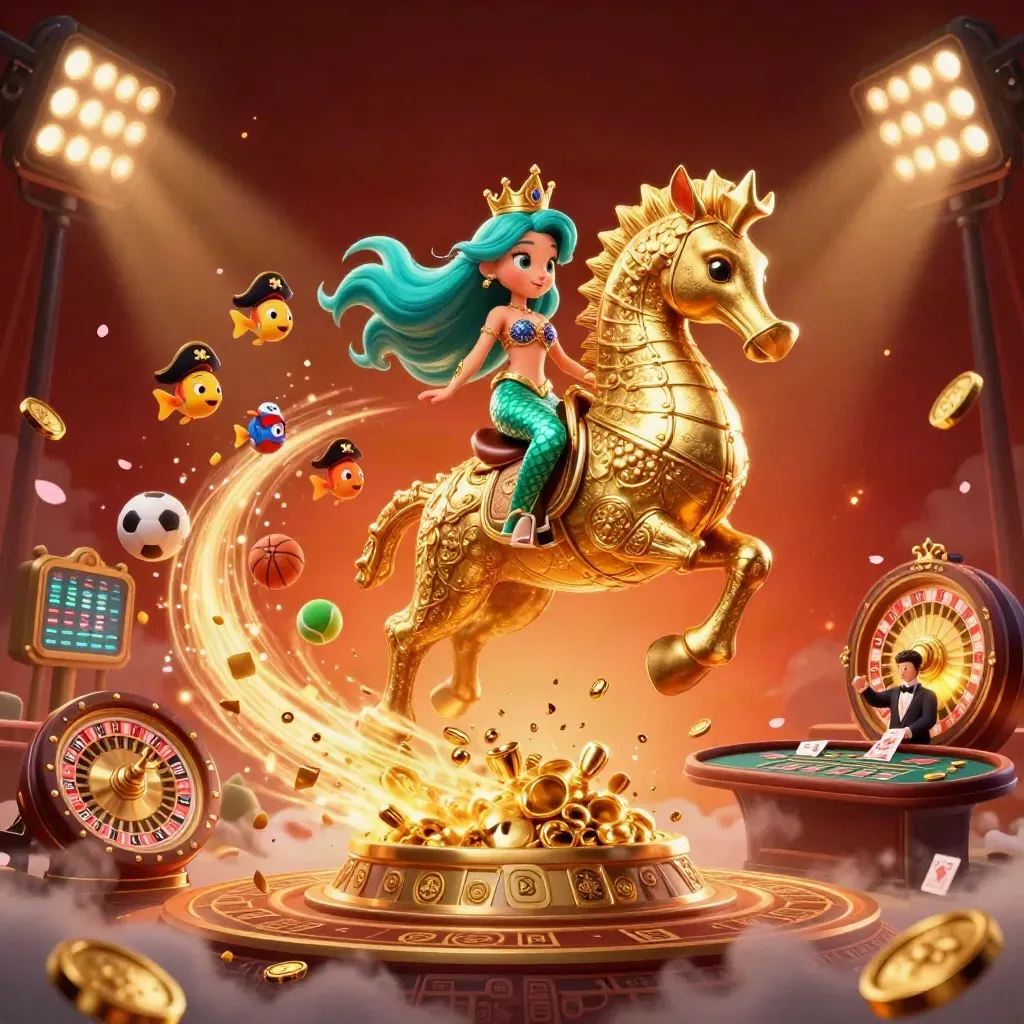 Mermaid princess on golden seahorse amid casino treasure, sports balls, embers, and neon glow.