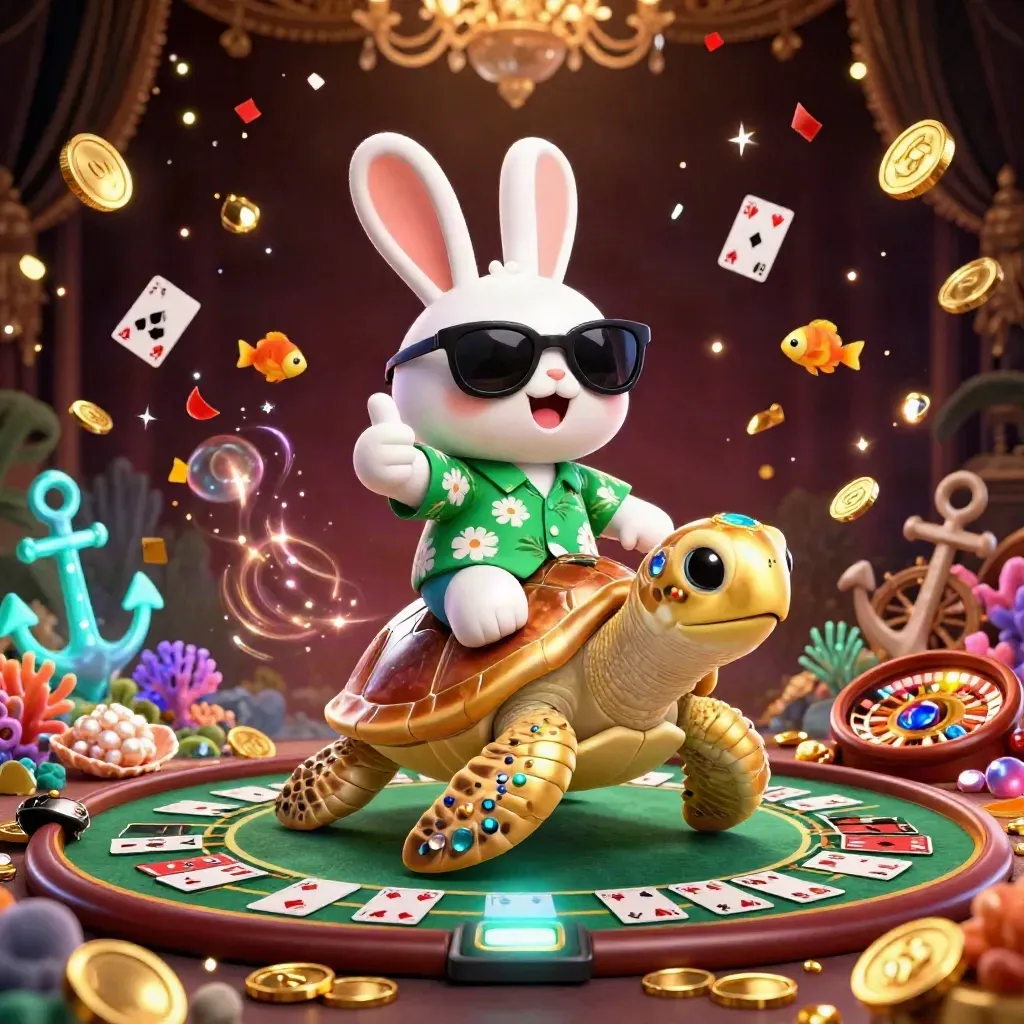 Lucky rabbit rides a jeweled sea turtle in a glowing casino treasure cove with cards, coral, and lights.