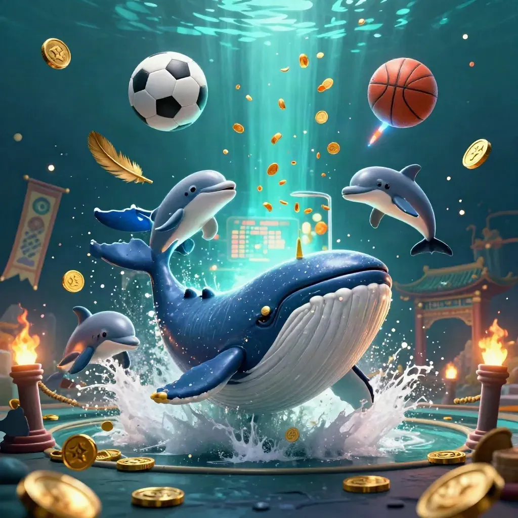 Whale captain, narwhal, and dolphins burst through coins with balls, banners, and casino glow.