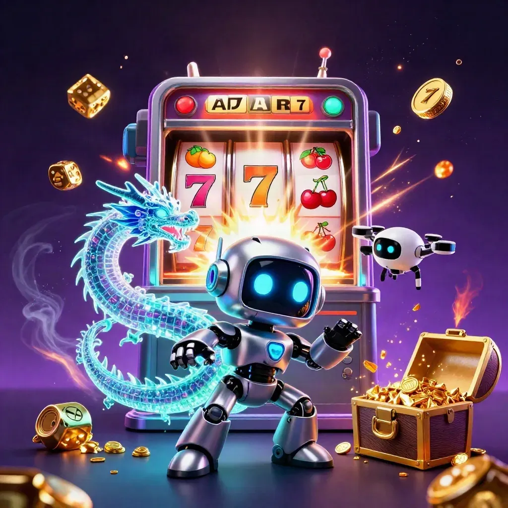 Cyberpunk robot, holographic dragon and coin drone blast a slot machine amid gold and neon chaos.
