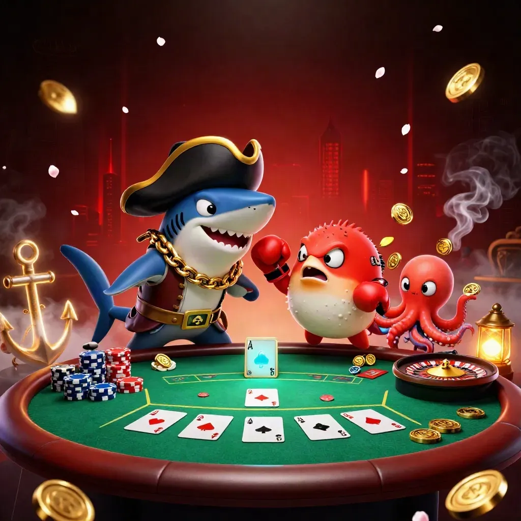 Pirate shark, boxing pufferfish, and coin-juggling octopus amid luxury casino lights.