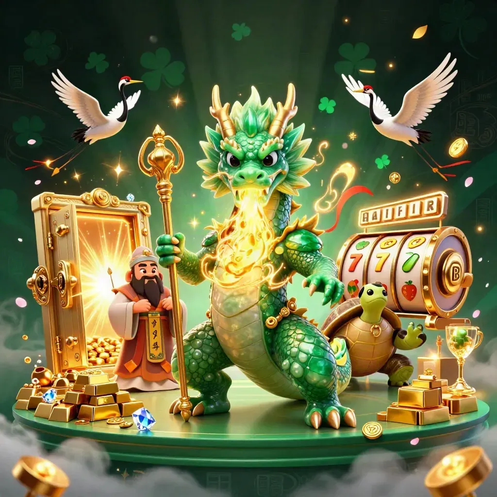 Emerald dragon, turtle sage, and cranes before a glowing treasure vault in a neon casino scene.