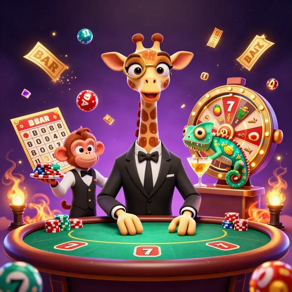 Suit-clad giraffe, monkey valet, and chameleon bartender amid casino magic and flying gold.
