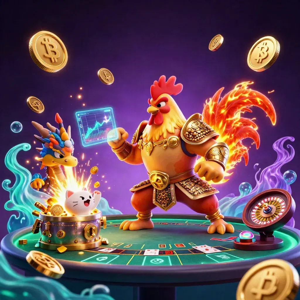 Rooster warrior, dragon hatchling and fortune cat amid casino coins, wheel, cards and neon sparks.