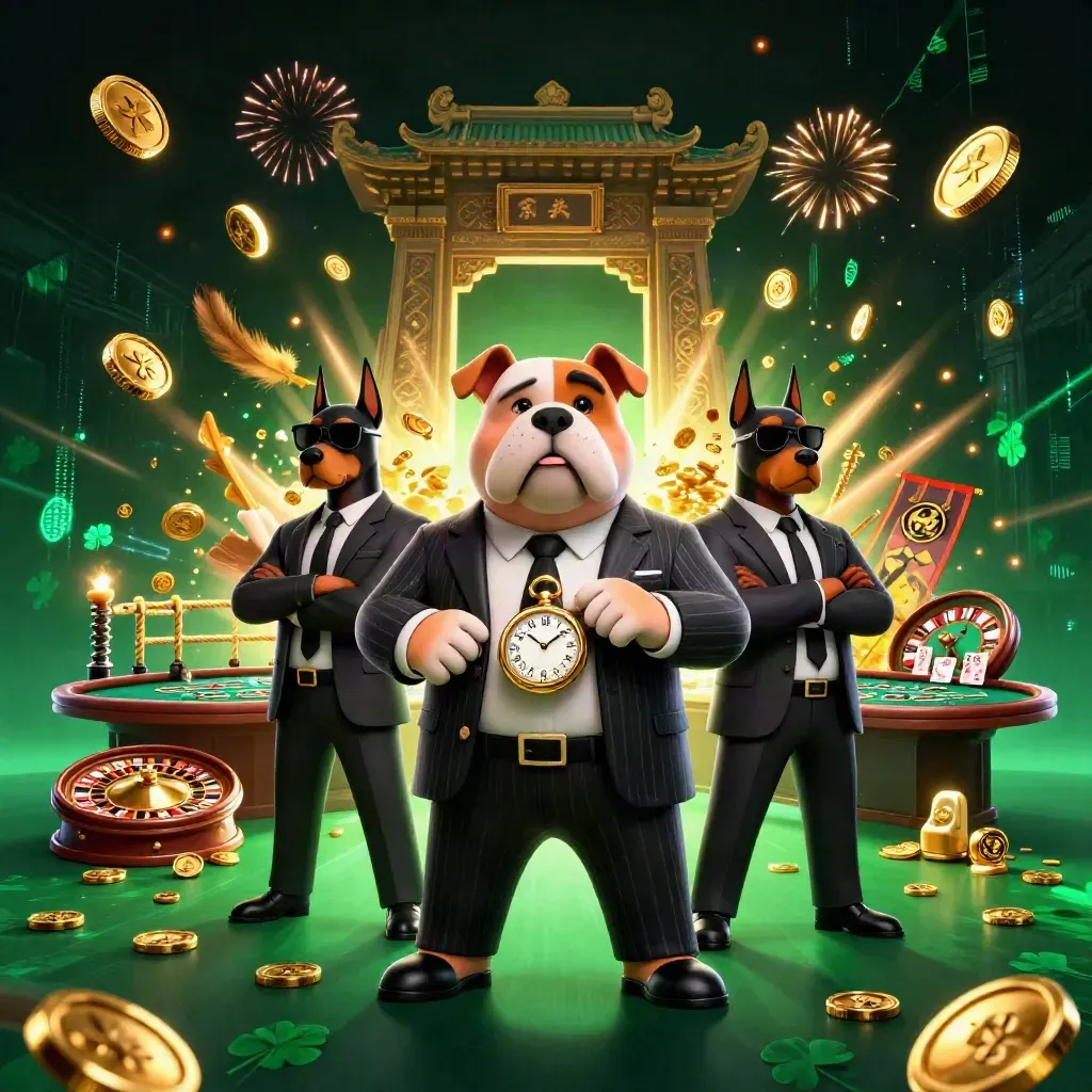 Mafia bulldog and Dobermans amid coins, fireworks, roulette, and neon casino energy.