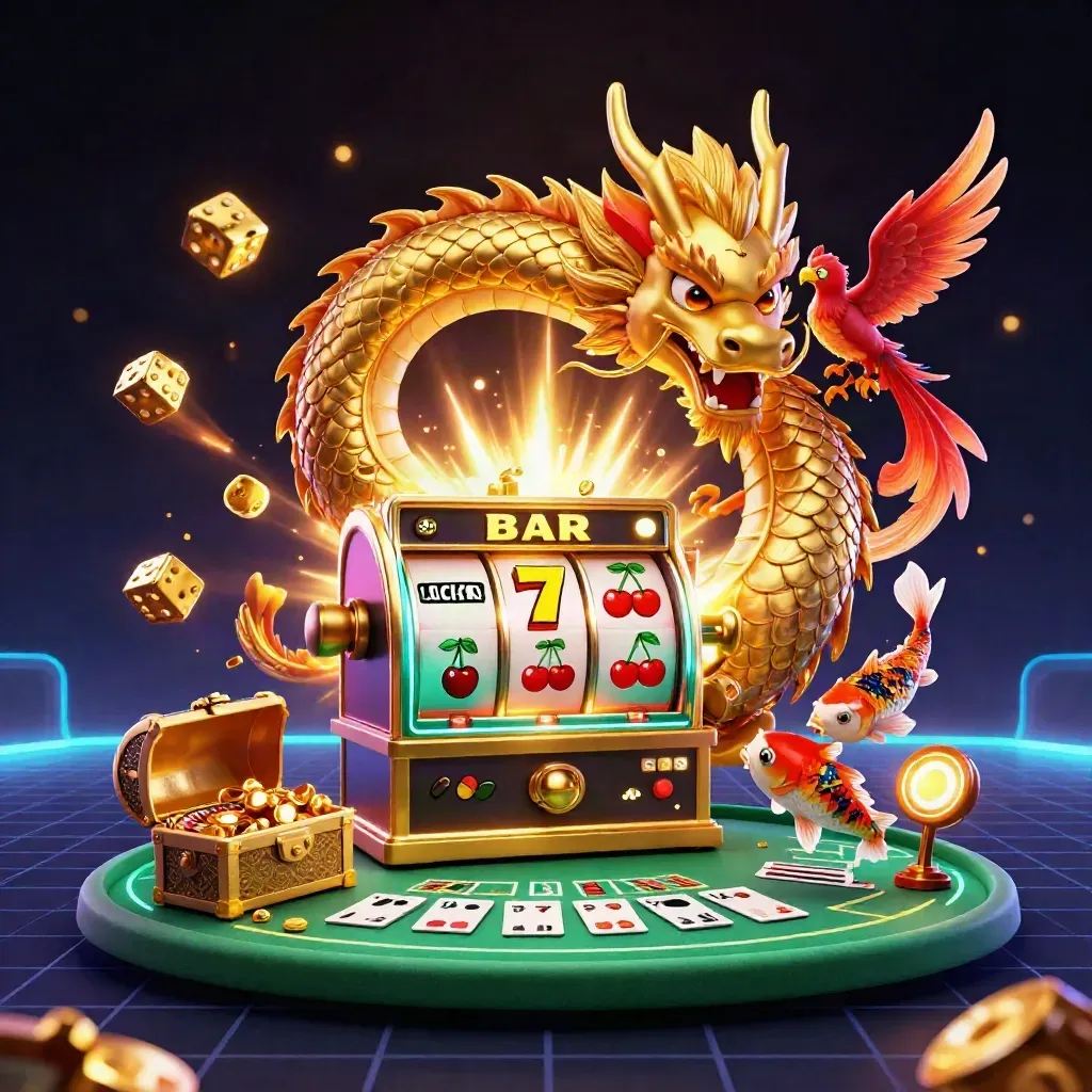 Golden dragon, phoenix, koi, and casino riches exploding in a neon premium game scene.