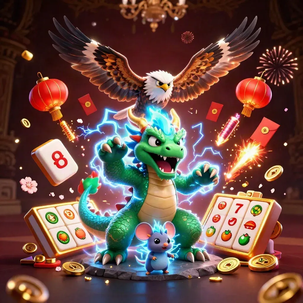 Thunder dragon, hawk, and mouse amid casino treasure, lanterns, coins, and neon lightning.