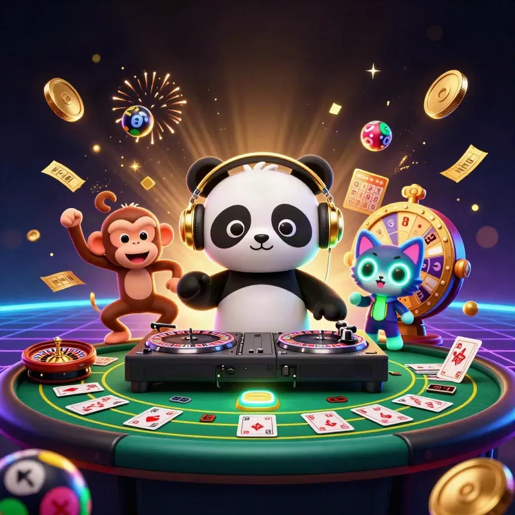 DJ panda, dancing monkey, and glow kitten celebrate amid casino lights, coins, and fireworks.