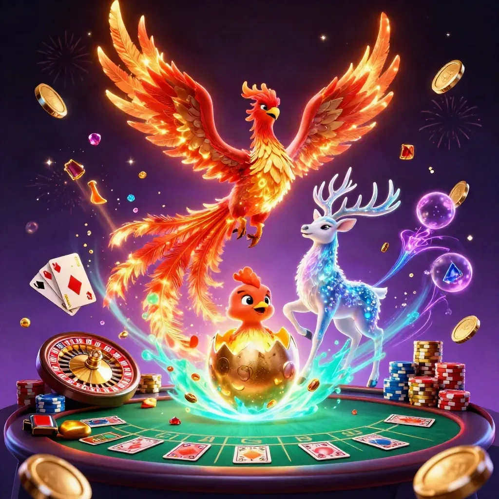 Phoenix, hatching chick, stag, coins, roulette wheel, chips and cards in neon casino glow