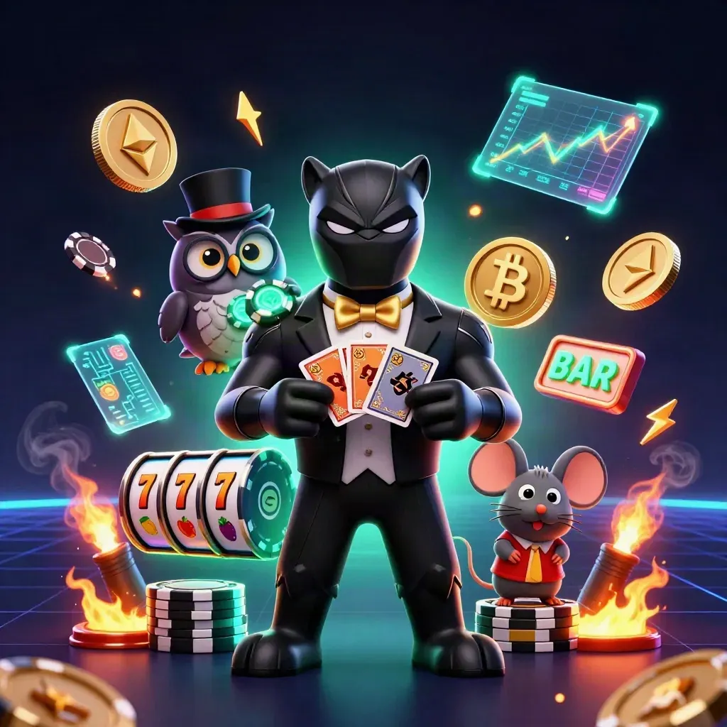 Panther, owl, and mouse casino heroes amid coins, chips, reels, lightning, and neon glow