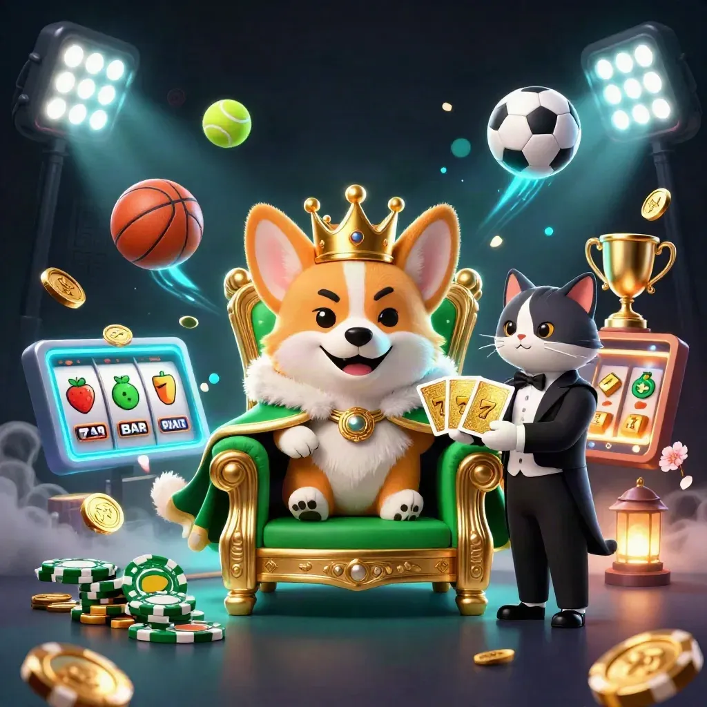 Royal corgi and cat butler on a chip throne with casino and sports power effects