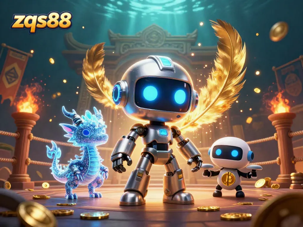 Engage with zqs88's thrilling action in this vibrant 3D casino scene featuring robotic and mythical companions.