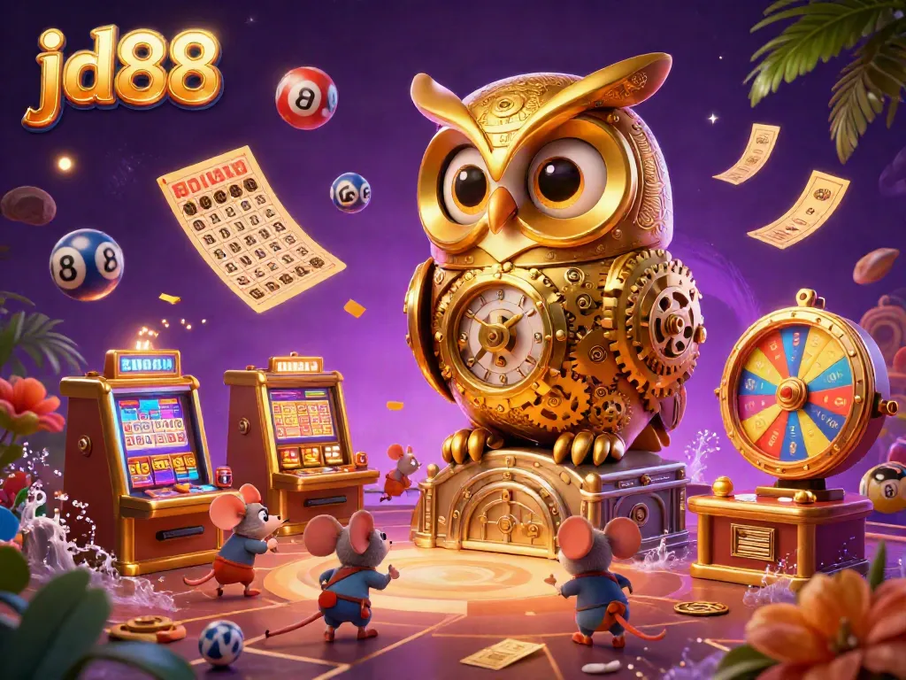 Engage with exciting moments at jd88, featuring a golden owl scanning a vibrant casino scene.