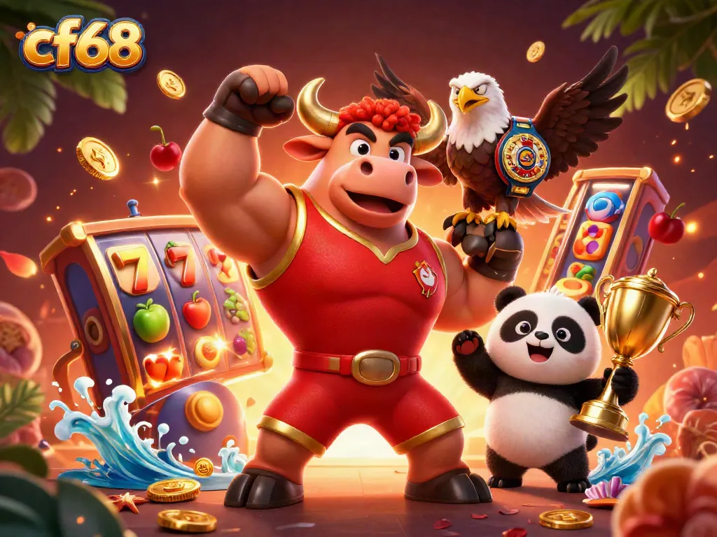 Spin the reels at cf68 with a dynamic scene of characters celebrating a jackpot win.