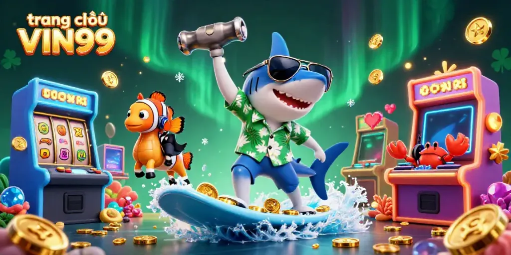 Experience the thrilling gameplay of slots and jackpots at trang chủ VIN99 with energetic characters surfing on gold coins.