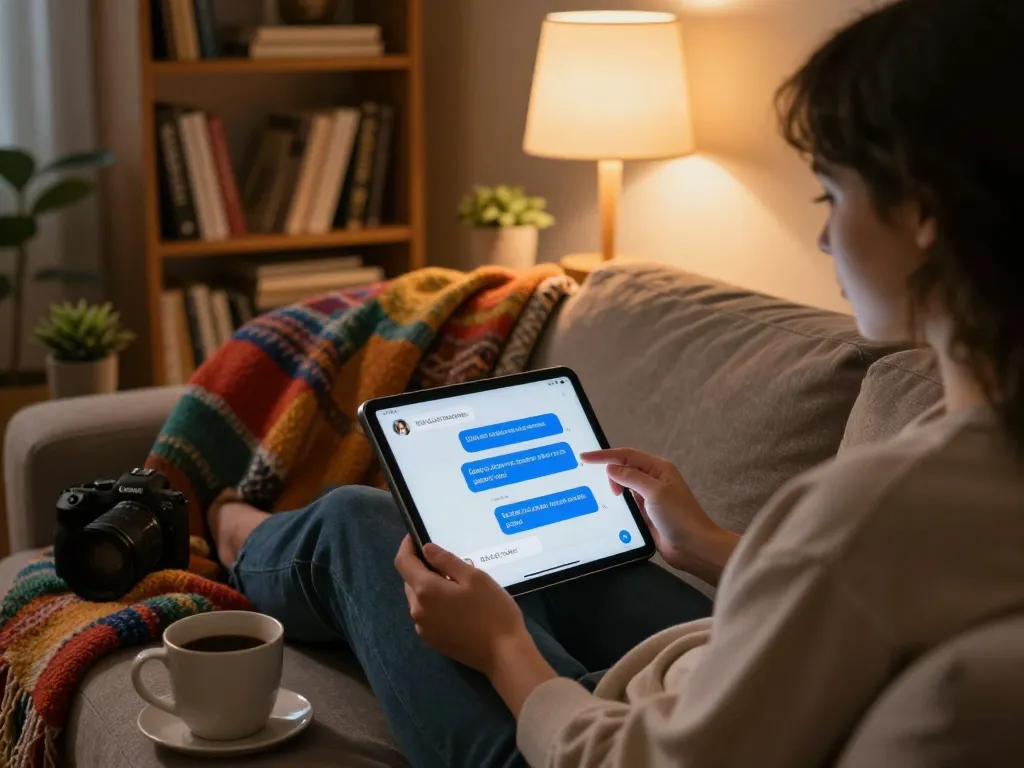 Engaging AI NSFW chat experience in a cozy home environment with user interaction on a tablet.