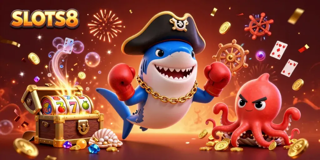 SLOTS8 invites players to unleash fun with vibrant 3D casino characters in a dynamic scene.