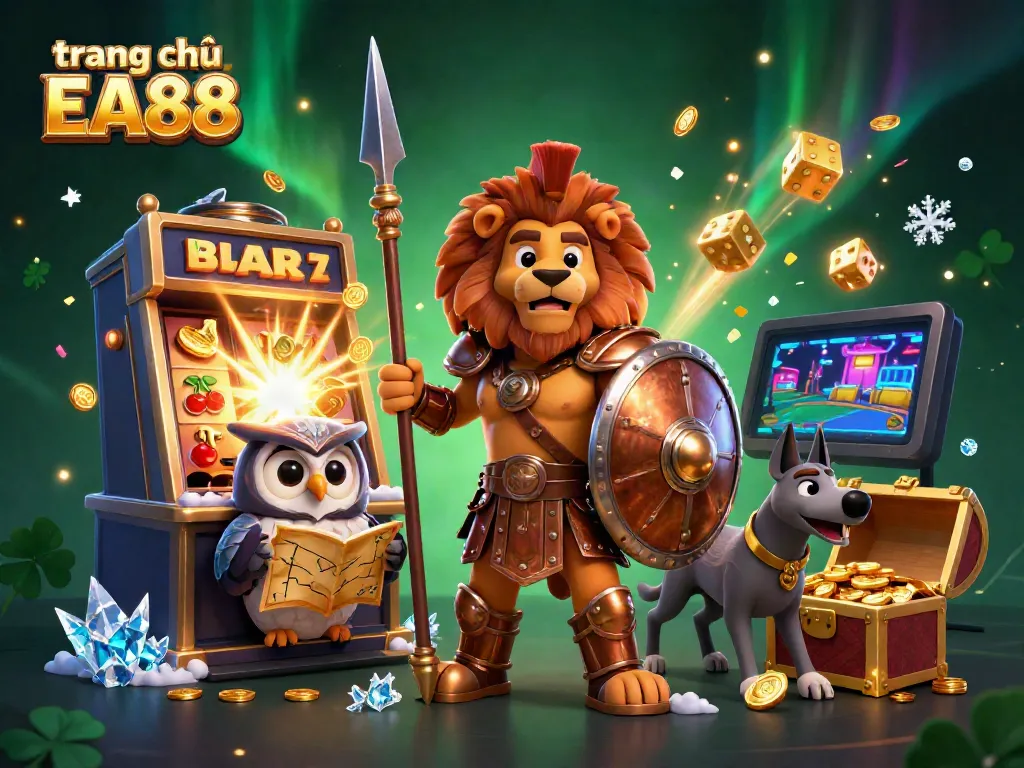 Experience the thrill of winning with the vibrant scene featuring trang chủ EA88, including a lion hero, slot jackpot explosion, and rich casino elements.