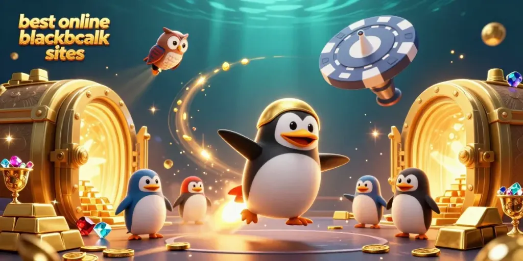 Experience the thrill of the best online blackjack sites illustrated with a space-themed penguin and vibrant casino elements.