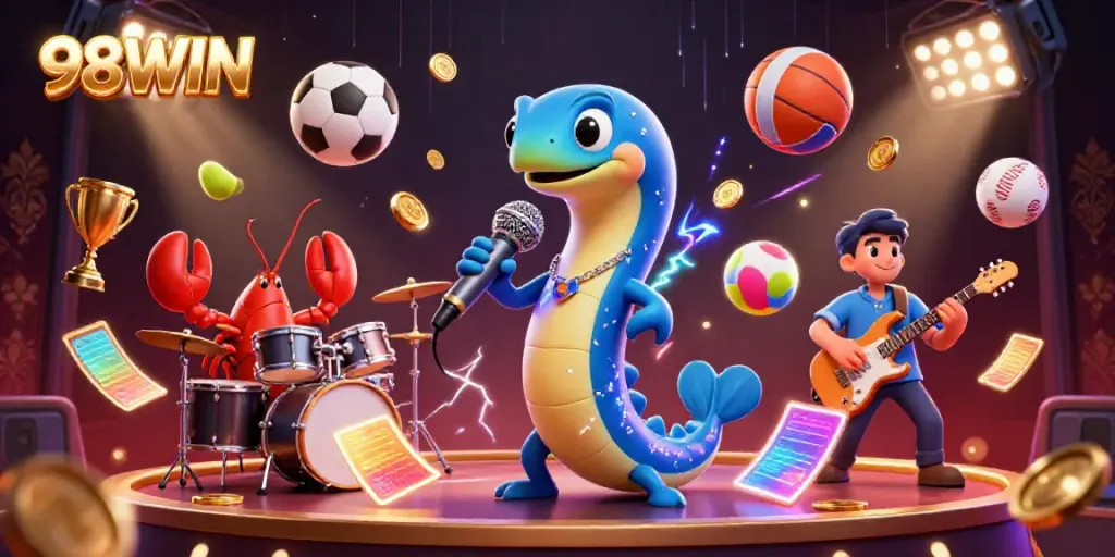 Experience the excitement of 98WIN with a vibrant underwater casino scene featuring an electric eel DJ.