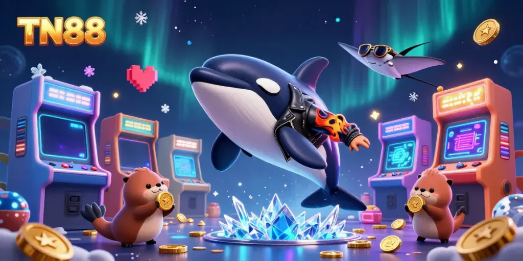 Engage with TN88's thrilling casino experience through a vibrant scene of animated creatures celebrating winnings.
