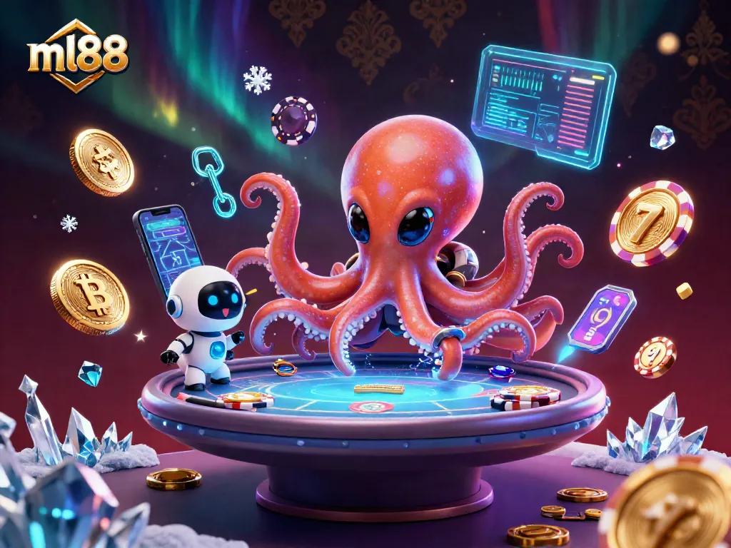 Experience thrilling gameplay with ml88's alien octopus dealing cards at a holographic poker table.